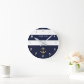 航海ので青及び白のストライプの金ゴールドのいかり ラウンド壁時計 (ホーム)