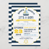 航海のないかりおよびストライプのベビーシャワーの招待状 招待状 (正面/裏面)