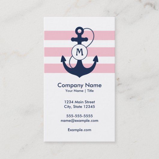 航海のないかりおよびモノグラムが付いているピンクのストライプ 名刺 (正面)