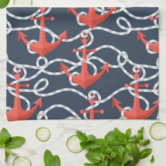 航海のないかりおよびロープパターン キッチンタオル (折り畳み)