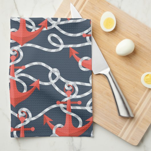 航海のないかりおよびロープパターン キッチンタオル (四つ折り)