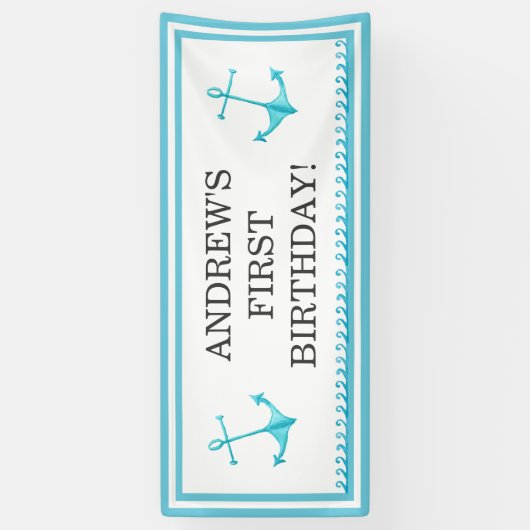 航海のないかりおよび波のスカイブルーの最初誕生日 横断幕 (縦)