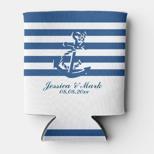 航海のないかりが付いている濃紺および白のストライプ 缶クーラー (正面)