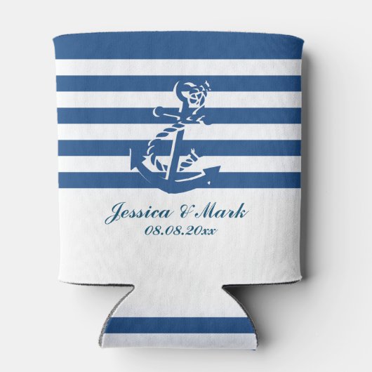 航海のないかりが付いている濃紺および白のストライプ 缶クーラー (裏面)