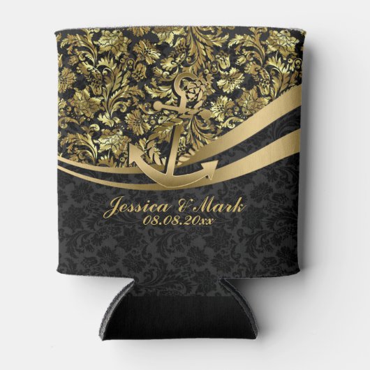 航海のないかりが付いている黒及び金ゴールドのダマスク織 缶クーラー (正面)