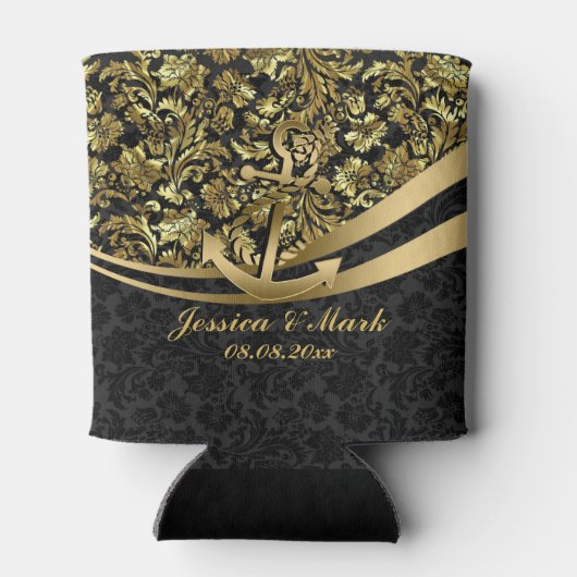 航海のないかりが付いている黒及び金ゴールドのダマスク織 缶クーラー (裏面)