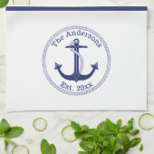 航海のないかりの濃紺のストライプ家族のモノグラム キッチンタオル (折り畳み)