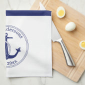 航海のないかりの濃紺のストライプ家族のモノグラム キッチンタオル (四つ折り)