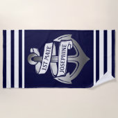 航海のないかりの第1仲間の名前|海軍白のストライプ ビーチタオル (正面)