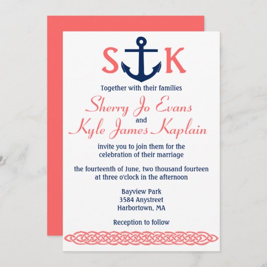 航海のないかりの結婚式招待状の海軍および珊瑚 招待状 (正面/裏面)