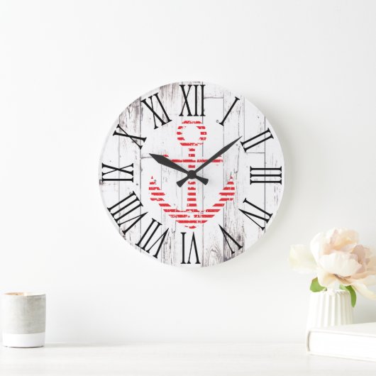 航海のないかりの赤く白い木製の素朴な沿岸 ラージ壁時計 (ホーム)