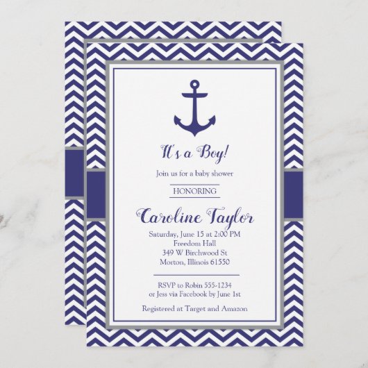 航海のないかり海軍灰色のベビーシャワーの招待状 招待状 (正面/裏面)