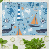 航海のなオーシャンブルーおよびオレンジ キッチンタオル (折り畳み)