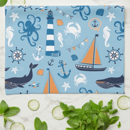 航海のなオーシャンブルーおよびオレンジ キッチンタオル (折り畳み)