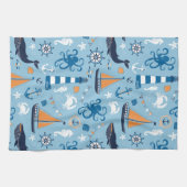 航海のなオーシャンブルーおよびオレンジ キッチンタオル (横)