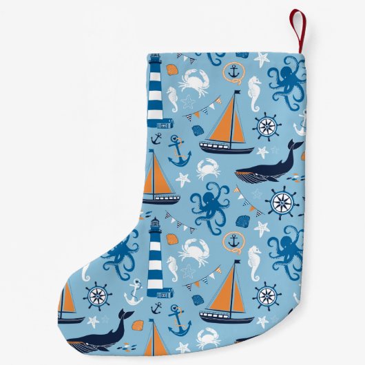 航海のなオーシャンブルーおよびオレンジ スモールクリスマスストッキング (裏面)