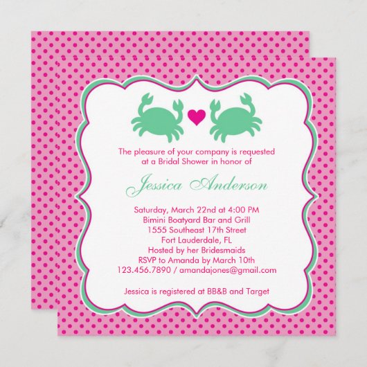 航海のなカニのブライダルシャワーのピンクか緑の招待状 招待状 (正面/裏面)