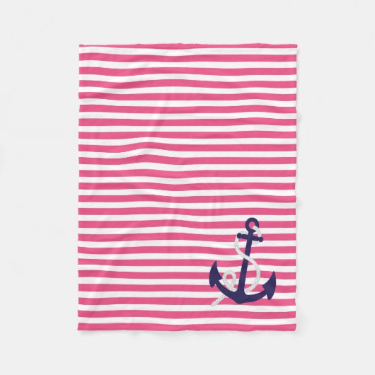 航海のなショッキングピンクは濃紺のいかりによって縞で飾ります フリースブランケット (正面)