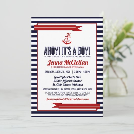 航海のなストライプ及びいかりのベビーシャワーの招待状 招待状 (スタンド正面)