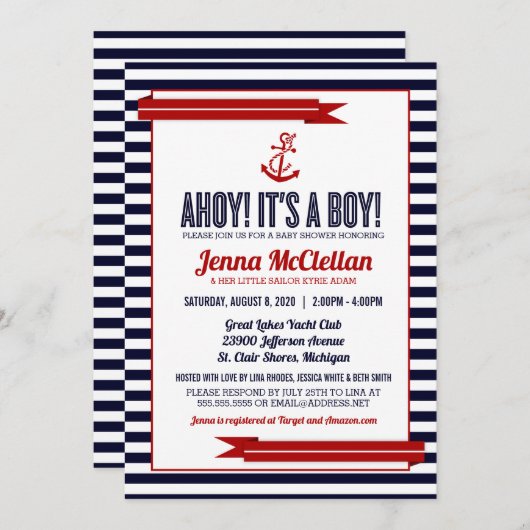 航海のなストライプ及びいかりのベビーシャワーの招待状 招待状 (正面/裏面)