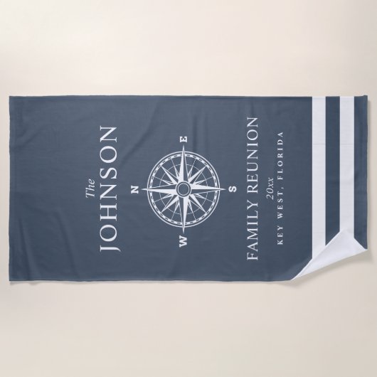 航海のなテーマのコンパスの石板の青 ビーチタオル (正面)