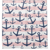 航海のなピンクのストライブ柄の濃紺のいかりパターン シャワーカーテン (正面)