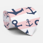 航海のなピンクのストライブ柄の濃紺のいかりパターン ネクタイ (ロール)