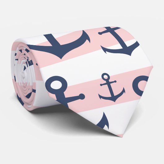 航海のなピンクのストライブ柄の濃紺のいかりパターン ネクタイ (ロール)
