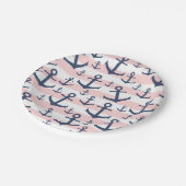 航海のなピンクのストライブ柄の濃紺のいかりパターン ペーパープレート (アングル)