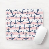航海のなピンクのストライブ柄の濃紺のいかりパターン マウスパッド (マウス)