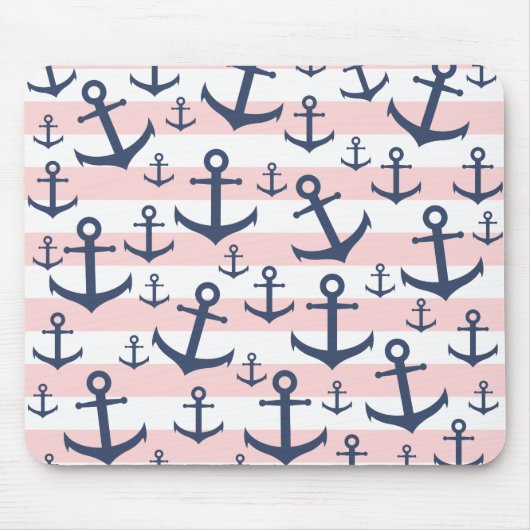 航海のなピンクのストライブ柄の濃紺のいかりパターン マウスパッド (正面)