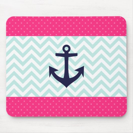 航海のなピンクの白く真新しいシェブロンのいかりパターン マウスパッド (正面)
