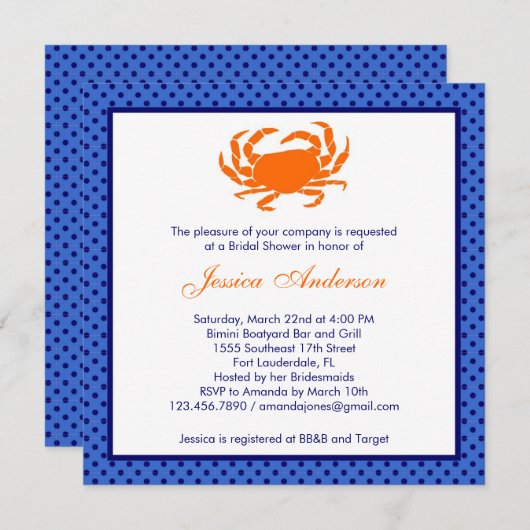 航海のなブライダルシャワーの招待状オレンジか海軍 招待状 (正面/裏面)