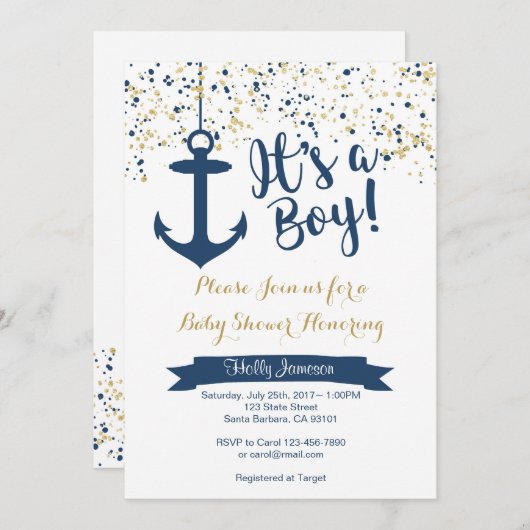 航海のなベビーシャワーの招待の海軍および金ゴールド 招待状 (正面/裏面)