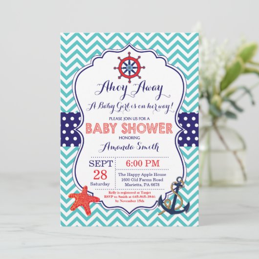航海のなベビーシャワーの招待状のティール（緑がかった色）の濃紺の赤 招待状 (スタンド正面)