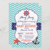 航海のなベビーシャワーの招待状のティール(緑がかった色)の濃紺の赤 招待状 (正面/裏面)