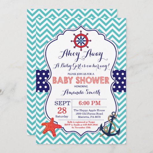航海のなベビーシャワーの招待状のティール(緑がかった色)の濃紺の赤 招待状 (正面/裏面)