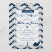 航海のなベビーシャワーの招待状の男の子の青シェブロン 招待状 (正面/裏面)