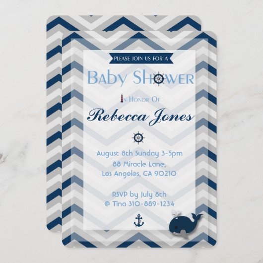 航海のなベビーシャワーの招待状の男の子の青シェブロン 招待状 (正面/裏面)