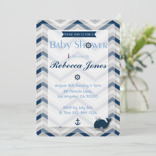 航海のなベビーシャワーの招待状の男の子の青シェブロン 招待状 (スタンド正面)