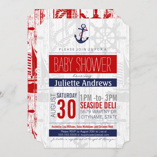 航海のなベビーシャワーの招待状、男の子の紫系統Ahoy 招待状 (正面/裏面)