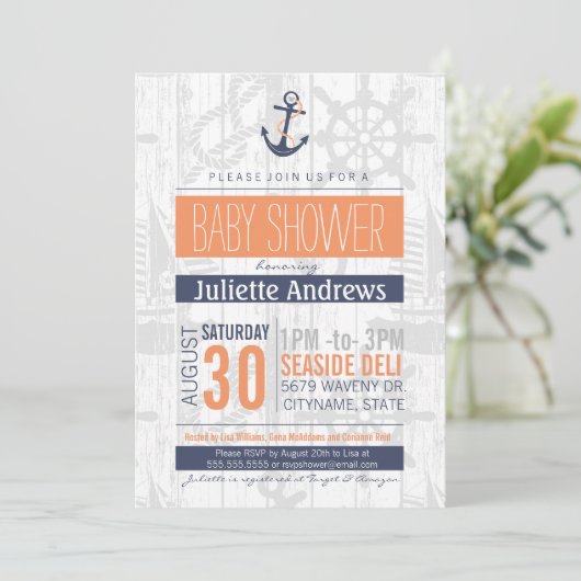 航海のなベビーシャワーの招待状、男の子の青いオレンジ 招待状 (スタンド正面)
