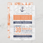 航海のなベビーシャワーの招待状、男の子の青いオレンジ 招待状 (正面/裏面)