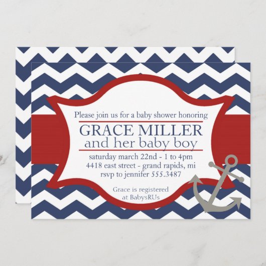 航海のなベビーシャワーの招待。 濃紺および赤 招待状 (正面/裏面)