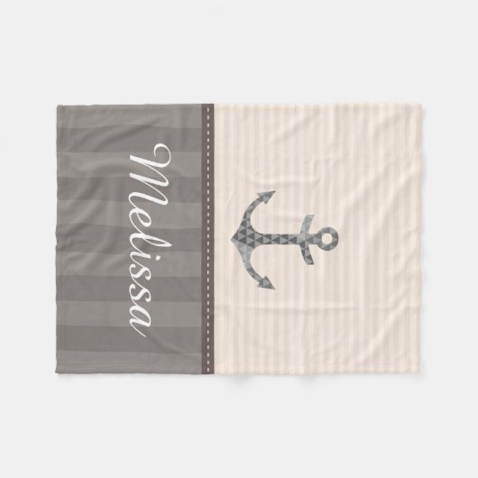 航海のなベージュ色およびブラウンのいかりの名前をカスタムする フリースブランケット (正面(横))