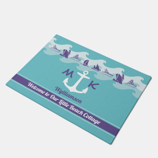 航海のなモノグラムのいかりの波の船のボートのヨット ドアマット (アングル)