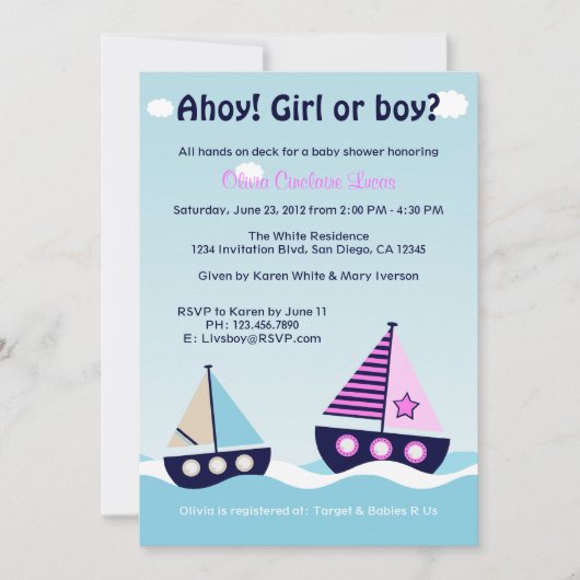 航海のなヨットの性は男女兼用明らかにします 招待状 (正面)