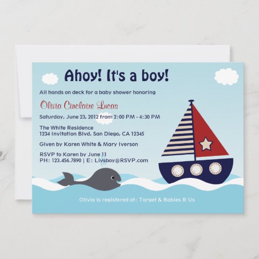 航海のなヨットの男の赤ちゃんのベビーシャワーの招待状 招待状 (正面)
