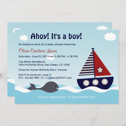 航海のなヨットの男の赤ちゃんのベビーシャワーの招待状 招待状 (正面/裏面)