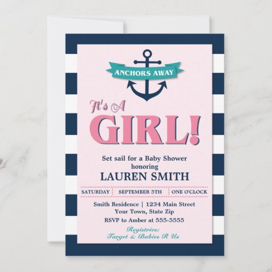 航海のな女の子のいかりのベビーシャワーの招待状カード 招待状 (正面)